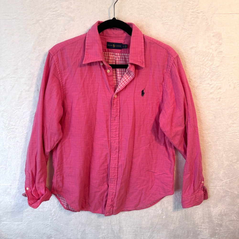 Ralph Lauren Pink Cotton Button Down Shirt Gingham Trim Womens Large Long Sleeve